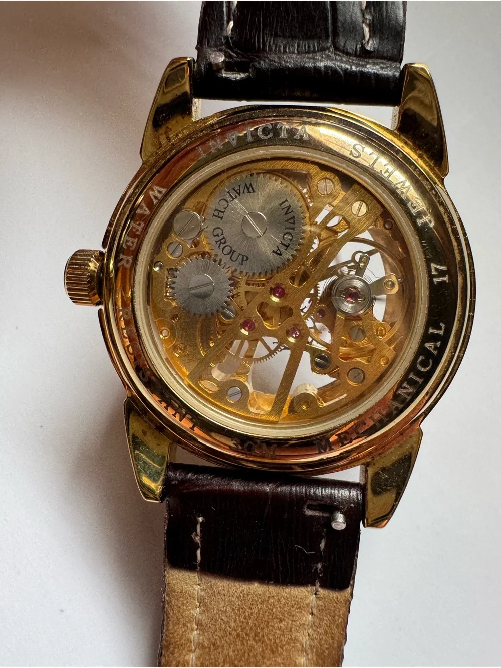 Invicta Gold-Tone Skeleton Watch with Brown Leather Strap